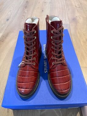 Stuart Weitzman Mila Lift Croc-Embossed Lace-Up Boots in Deep Red